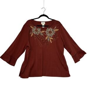 ALFRED DUNNER Womens 2X Rust Floral Embroidered Studded Cotton Blend Blouse